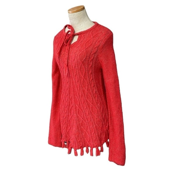 Prana Sweater Women's S Small Red Cable Knit Pullover Long Sleeve Tassles - Picture 3 of 14